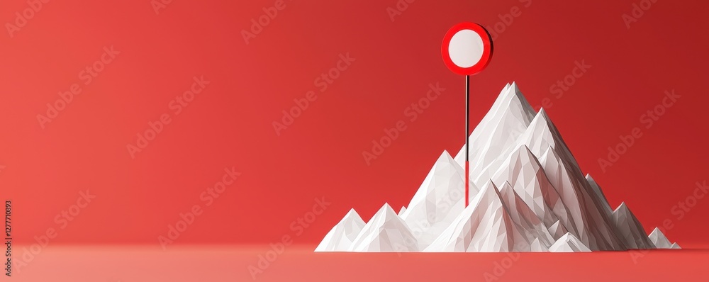 Poster Geometric White Mountains with Red Background and Circular Signifying Location Marker for Creative Projects
