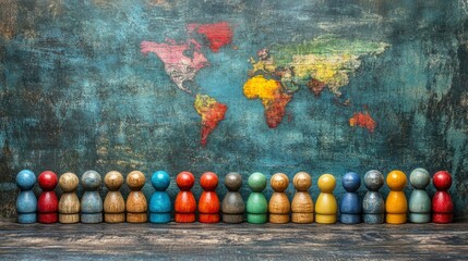 Global Community Diverse Wooden Figures Before a World Map