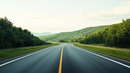 Fototapeta premium Winding Road to Horizon: A scenic, curving road stretches into the distance, framed by verdant trees and rolling hills under a clear sky, inviting a journey into the heart of nature.