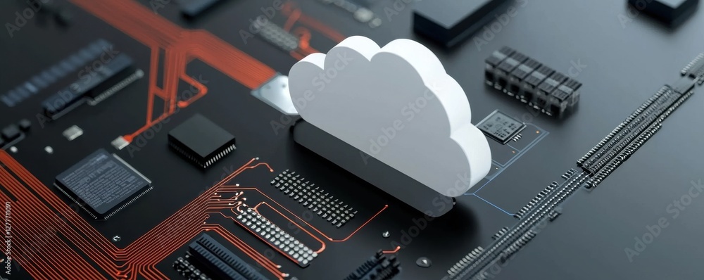 Poster abstract technology composition with cloud symbol on electronic circuit board representing digital c