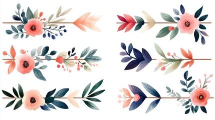Collection of hand-drawn romantic arrows in various shapes, featuring delicate floral patterns and soft pastel colors, cut out, white background