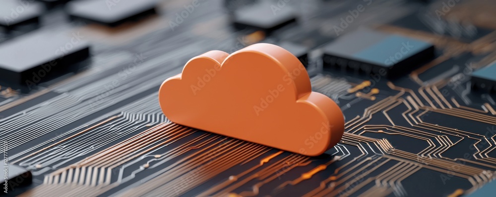 Poster cloud computing concept with orange cloud symbol on circuit board background representing digital te