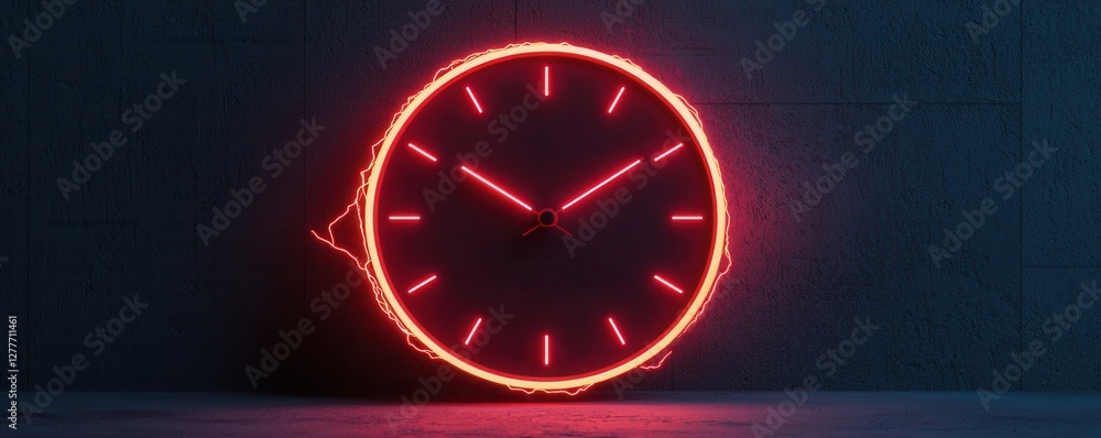 Poster futuristic neon clock displaying time in vibrant red light against a dark background