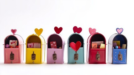 Collection of playful Valentine's day mailboxes with cartoon-style heart designs, filled with mini love notes and candies, isolated on white