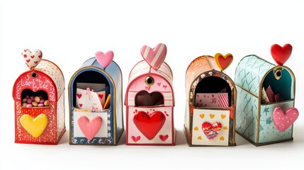Collection of playful Valentine's day mailboxes with cartoon-style heart designs, filled with mini love notes and candies, isolated on white