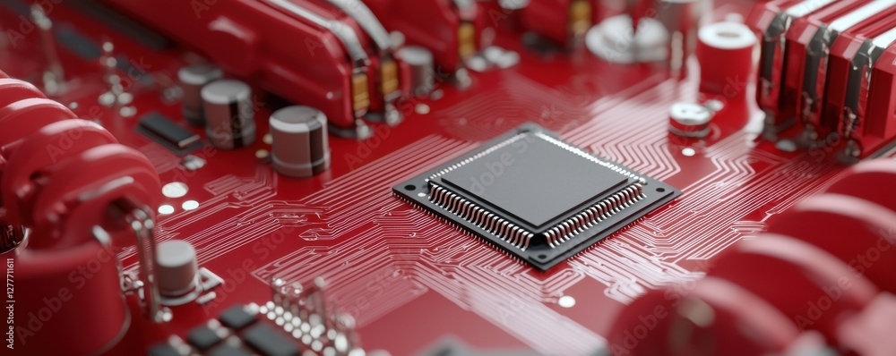 Poster detailed close-up of a modern electronic circuit board with a central microchip and red color scheme