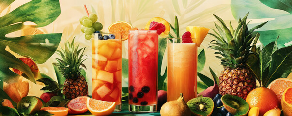 vibrant collection of fresh juices in tall glasses, surrounded by tropical fruits, evokes refreshing and lively atmosphere. Perfect for summer gatherings or health focused events