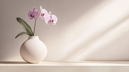 Serene Minimalist Orchid Still Life: A Gentle Bloom in a Textured Vase