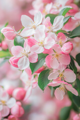 Vibrant pink and white apple blossoms in full bloom on a sunny spring day