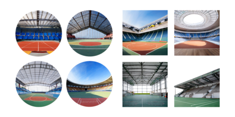 Indoor Sports Arena with Basketball and Tennis Courts in Unique Layout, isolated on transparent background