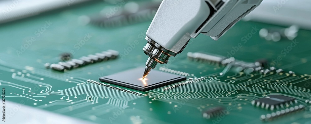 Poster precision technology in action: close-up of a robotic arm soldering a microchip on a circuit board