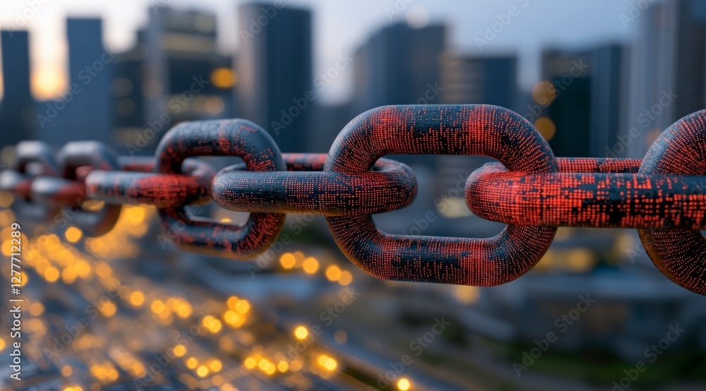 Poster interlocked chains digital technology network security global connection