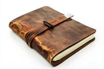 Vintage Leather Journal on White Background - Rustic brown leather journal with aged texture and leather strap closure, isolated on white. Perfect for writers, artists, and travelers
