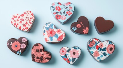 Creative display of multiple chocolate boxes in different shapes, including heart and round designs, with floral Valentine's patterns, isolated
