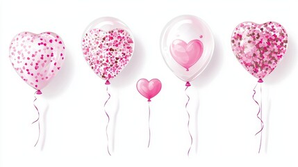 Creative set of mixed balloons, including transparent ones with confetti inside, heart-shaped designs, and neon pink accents, cut out on white
