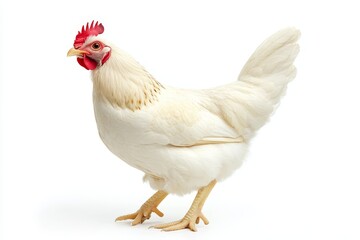 White Hen on White Background - A pristine white hen stands against a stark white backdrop, showcasing its feathers and posture