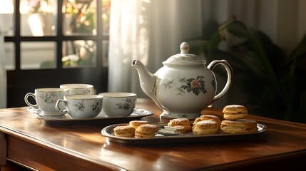 Elegant tea setup with a teapot, porcelain cups, and a tray of biscuits on a wooden table