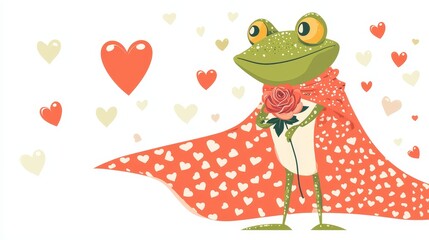 Cute cartoon-style frog prince holding a rose, heart-patterned cape flowing behind him, playful and colorful, perfect for Valentine's cards