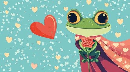 Cute cartoon-style frog prince holding a rose, heart-patterned cape flowing behind him, playful and colorful, perfect for Valentine's cards