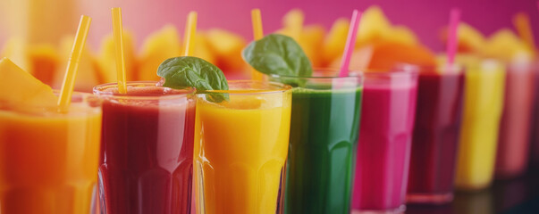 Fototapeta premium Fresh juices in assorted colors, showcasing vibrant flavors and healthy ingredients, perfect for refreshing drink. Enjoy colorful display of flavors