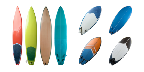 Colorful Surfboards Displayed on White Background for Summer Vibes, isolated on transparent background