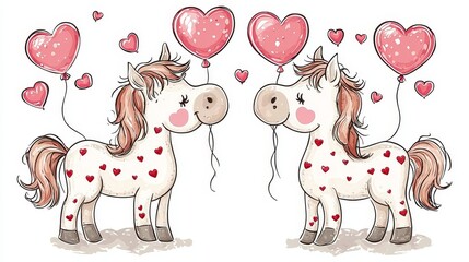 Cute cartoon-style Valentine's horses with glowing heart spots, holding heart-shaped balloons in their mouths, isolated on a white background