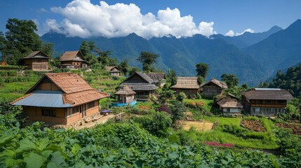 Serene Mountain Village in Southeast Asia Traditional Houses and Lush Greenery