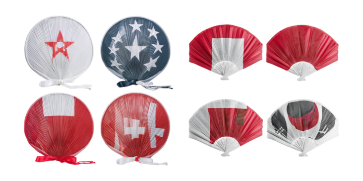 Colorful Fans Display with Various National Symbols and Designs, isolated on transparent background