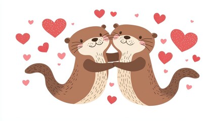 Cute otter couple hugging, surrounded by floating pink and red hearts, cut out on a crisp white background for a Valentine's card
