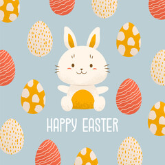 Square greeting card or banner for Easter. Adorable bunny surrounded by painted eggs. Baby hare. Celebration of Christian holiday. Warm cozy drawing. Vector illustration.