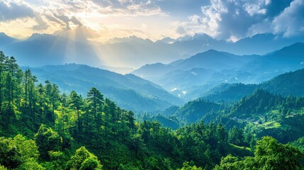 Fototapeta premium Majestic Mountain Landscape at Sunset with Sun Rays