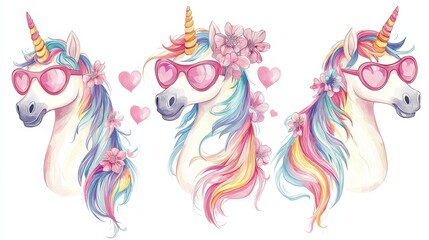 Cute unicorns with flowing rainbow manes and tails, wearing heart-shaped sunglasses and adorned with pink flowers, cartoon style, isolated on white