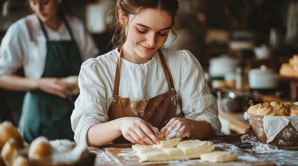 A young woman prepares dough in a rustic kitchen, showcasing baking skills and creativity.