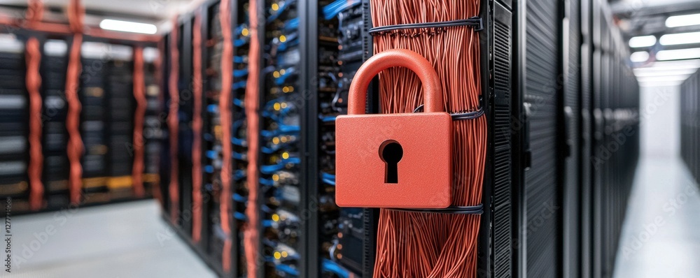 Poster security lock on server room cables in data center with network equipment and technology infrastruct