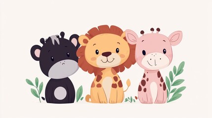 Cute cartoon animals, zebra, lion, and giraffe, sitting in a row, surrounded by foliage.