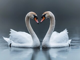Obraz premium Elegant swans forming a heart shape on serene lake nature photography calm environment close-up view