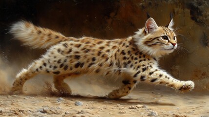 Fototapeta premium Running spotted wild cat on desert terrain