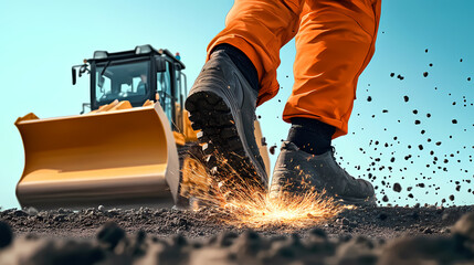 Dynamic Shot: Orange Boots, Yellow Bulldozer, Fiery Sparks
