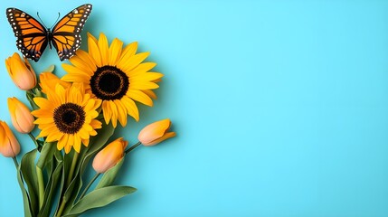 Bright Floral Arrangement with Sunflowers, Tulips, and a Butterfly on a Turquoise Background Perfect for Spring and Summer Decorations and Celebrations