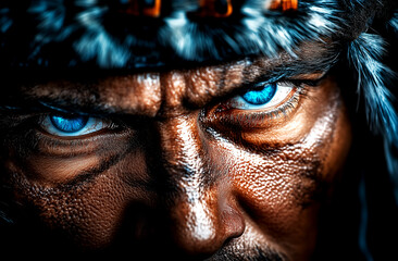 Man with blue eyes and a fur hat. The man has a fierce look on his face