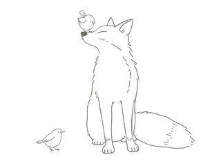 手描きの可愛い小鳥とキツネのイラスト素材