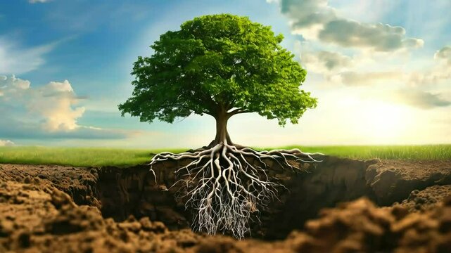 Majestic oak tree roots, sunny field, growth concept