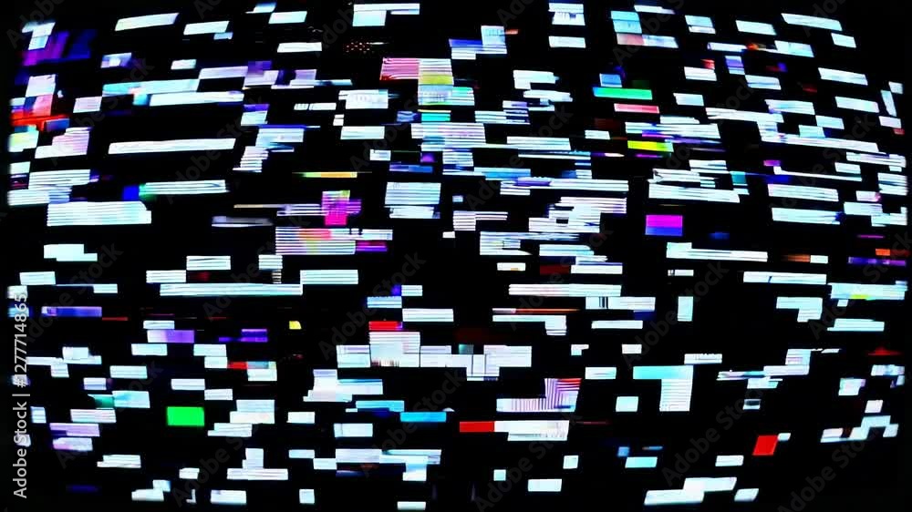 Poster abstract digital glitch with colorful horizontal bars on black background, representing data interfe