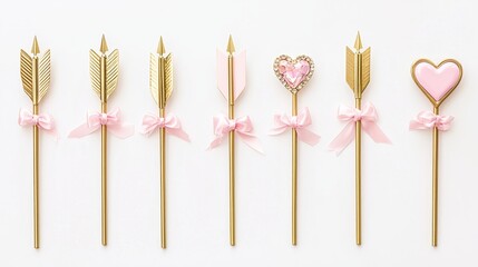 Elegant Valentine-themed arrows with gold finishes, jeweled heart tips, and soft pink ribbon wraps, arranged on a plain white background