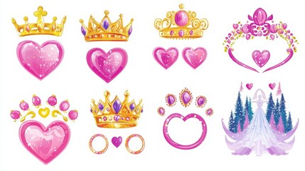 Fairytale-themed Valentine's cut-out set with princess crowns, enchanted forests, glowing heart gems, and magical rings, bright and detailed design, white background