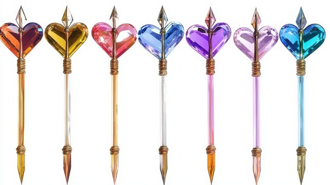 Fantasy crystal bow and arrow set, translucent heart-tipped arrows, shimmering colors, isolated cutout, white background