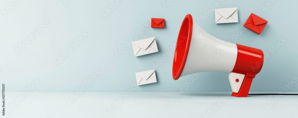 Poster colorful megaphone and envelopes on a minimalistic background representing communication and message