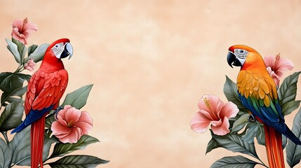 Vibrant Scarlet and Golden Macaws Perched Among Tropical Hibiscus Flowers on Soft Cream Background, Ideal for Nature Lovers and Wildlife Enthusiasts