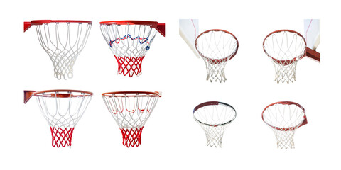 Various Basketball Hoops with Rims and Nets for Sports Activities
