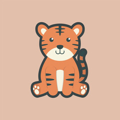 sitting cute tiger with outline flat vector design.